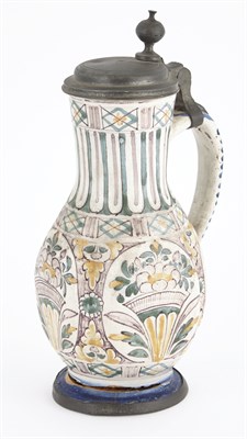 Lot 129 - Continental Pewter-Mounted Faience Pitcher...