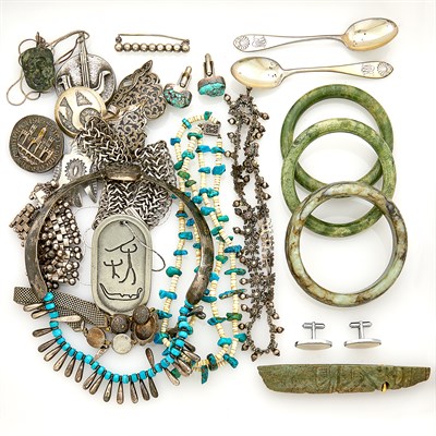 Lot 181 - Group of Silver and Metal Ethnic Turquoise, Jade and Hardstone Jewelry and Two Spoons
