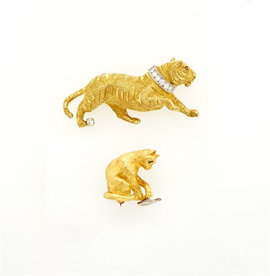 Lot 212 - Gold, Platinum and Diamond Tiger Brooch and Tiffany & Co. Gold and Diamond Cat and Fish Pin
