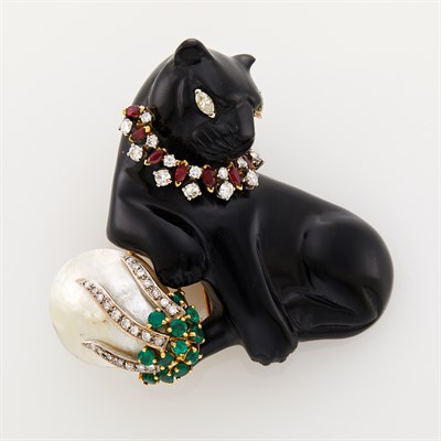 Lot 42 - Carved Black Onyx, Mother-of-Pearl, Diamond and Colored Stone Panther Clip-Brooch