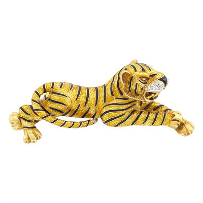 Lot 196 - Gold, Enamel and Diamond Tiger Clip-Brooch