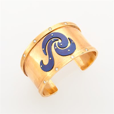 Lot 63 - Low Karat Gold, Blued Steel and Diamond Cuff Bangle Bracelet