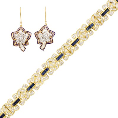 Lot 133 - Two-Color Gold, Sapphire, and Diamond Bracelet and Pair of Enamel and Diamond Pendant-Earrings