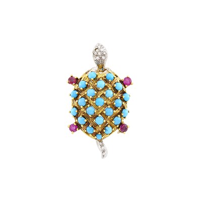 Lot 11 - Two-Color Gold, Turquoise, Ruby and Diamond Turtle-Brooch