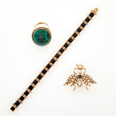 Lot 81 - Gold, Enamel, Black Onyx, Diamond and Sapphire Insect Brooch, Bracelet and Malachite Ring
