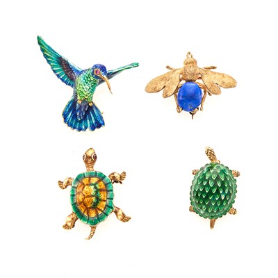 Lot 72 - Four Gold, Enamel and Lapis Bird, Turtle and Insect Pins
