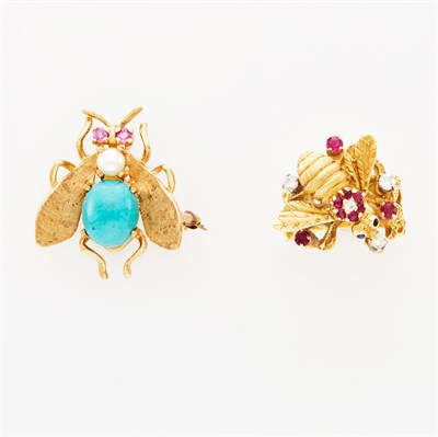 Lot 47 - Gold, Diamond and Ruby Bee Pin and Turquoise, Cultured Pearl and Ruby Insect Ring