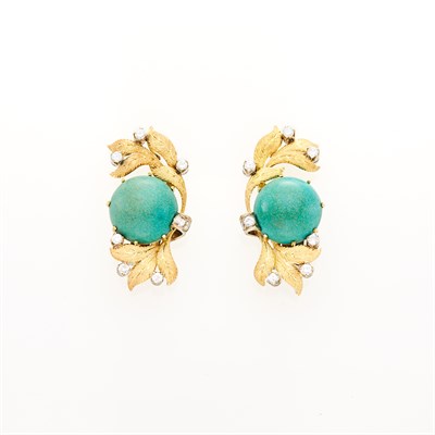 Lot 211 - Pair of Gold, Turquoise and Diamond Earrings