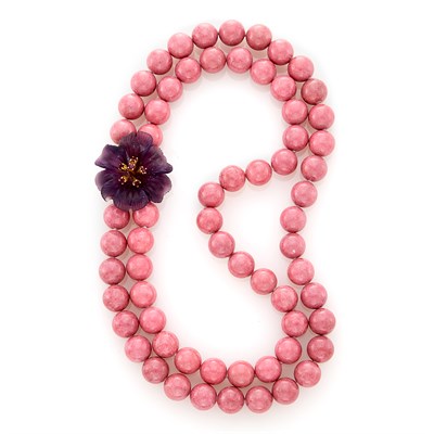Lot 203 - Double Strand Rhodonite Bead Necklace with Carved Purple Glass and Ruby Flower Clasp