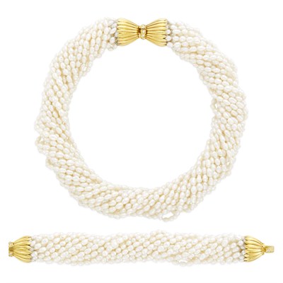 Lot 8 - Multistrand Freshwater Biwa Pearl Torsade Necklace and Bracelet with Gold and Diamond Clasps