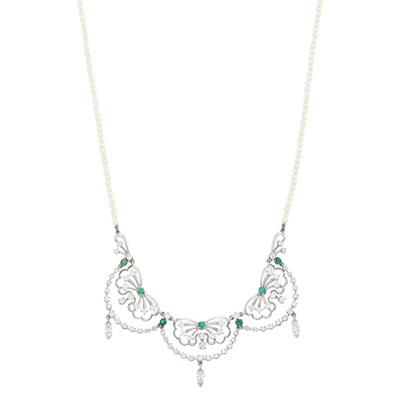 Lot 99 - Seed Pearl, Platinum, Diamond and Emerald Necklace