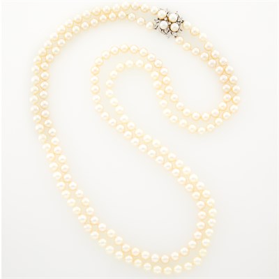 Lot 110 - Double Strand Cultured Pearl Necklace with White Gold, Diamond and Cultured Pearl Clasp