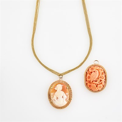 Lot 67 - Five Strand Gold Chain with Low Karat Gold and Shell Cameo Pendant-Brooch and Gold and Carved Coral Pendant-Brooch
