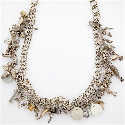 Lot 184 - Three Silver Charm Bracelets on White Metal Chain Link Necklace/Belt