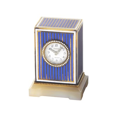 Lot 59 - Cartier Silver-Gilt, Enamel, Diamond and Agate Miniature Travel Clock, France