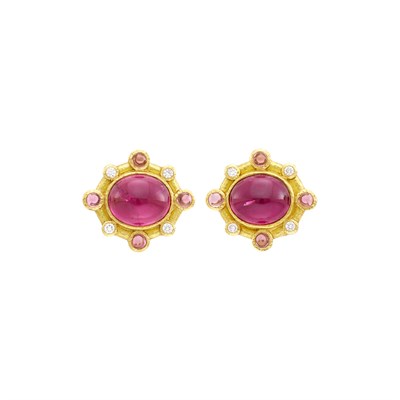 Lot 63 - Elizabeth Locke Pair of Hammered Gold, Cabochon Pink Tourmaline, Mother-of-Pearl and Diamond Earclips