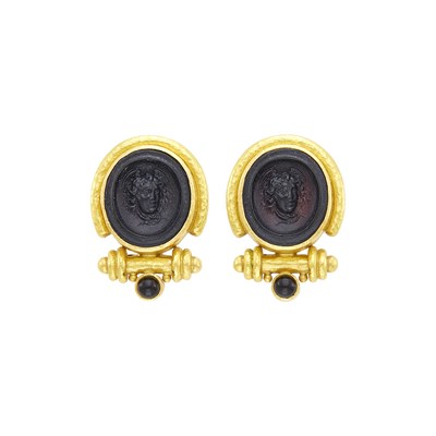 Lot 6 - Elizabeth Locke Pair of Hammered Gold, Venetian Black Glass Cameo and Black Onyx Earclips