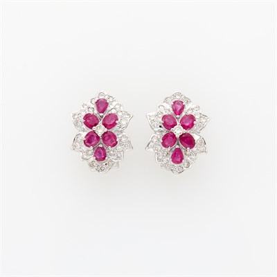 Lot 112 - Pair of White Gold, Ruby and Diamond Earrings