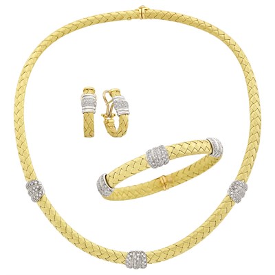 Lot 41 - Two-Color Gold and Diamond Necklace, Bracelet and Pair of Earrings