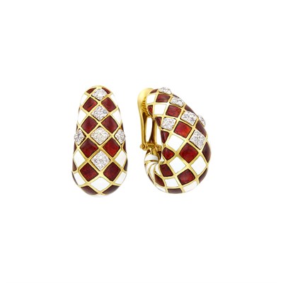 Lot 72 - David Webb Pair of Gold, Platinum, Enamel and Diamond Earclips