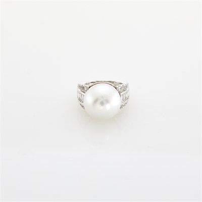 Lot 103 - White Gold, Cultured Pearl and Diamond Ring