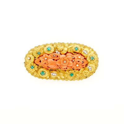 Lot 14 - Cazzaniga Two-Color Gold, Carved Coral, Emerald and Diamond Brooch