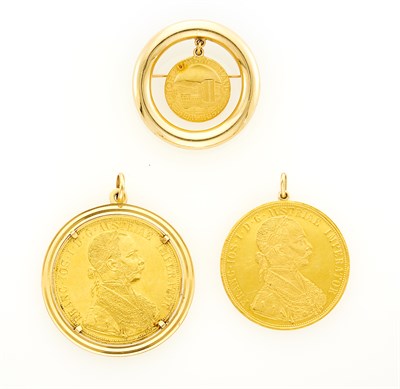 Lot 214 - Two Gold and High Karat Gold Coin Pendants and Brooch