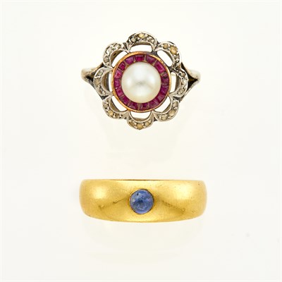 Lot 74 - Gold and Cabochon Sapphire Gypsy Ring and Silver, Gold, Pearl, Ruby and Diamond Ring