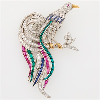 Lot 120 - Platinum, Simulated Gem-Set and Diamond Bird Clip-Brooch