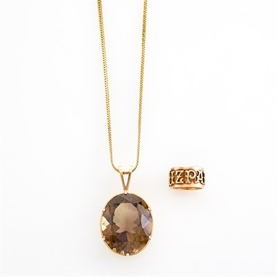 Lot 201 - Gold and Smoky Quartz Pendant with Metal Chain and Arts and Craft Gold 'Mizpah' Ring