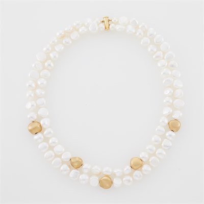Lot 26 - Double Strand Freshwater Pearl and Gold Bead Necklace
