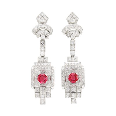 Lot 164 - Pair of Palladium, Gold, Synthetic Ruby and Diamond Pendant-Earrings