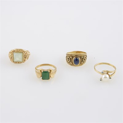 Lot 238 - Four Gold, Bead and Stone Rings, 14K and 10K...