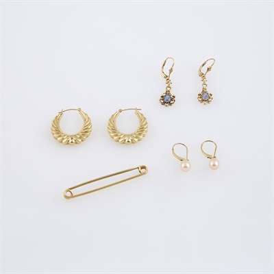 Lot 239 - Six Gold, Bead and Stone Earrings and Pin, 14K...