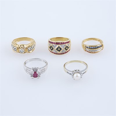 Lot 293 - Five Diamond, Stone and Bead Rings, 14K 17 dwt....