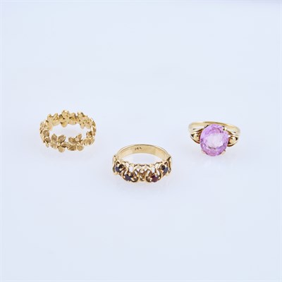 Lot 349 - Three Gold and Stone Rings, 14K 7 dwt. all,...