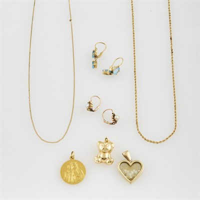Lot 356 - Three Gold and Glass Pendants, Four Gold, Bead...