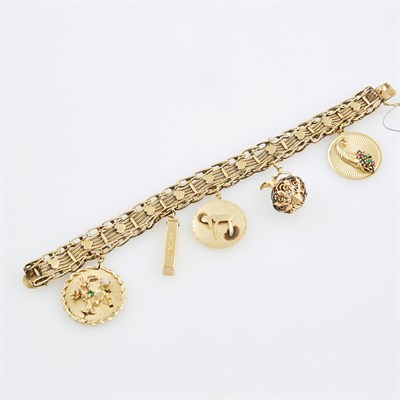 Lot 555 - Gold Charm Bracelet with 5 gold, stone & bead...
