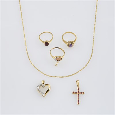 Lot 566 - Diamond Pendant, Gold and Stone Pendant, Three...