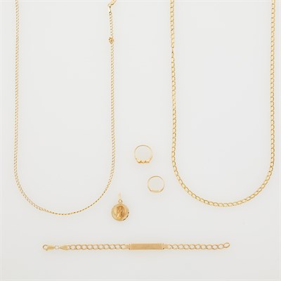 Lot 574 - Two Gold Rings, Pendant, Two Neck Chains and...