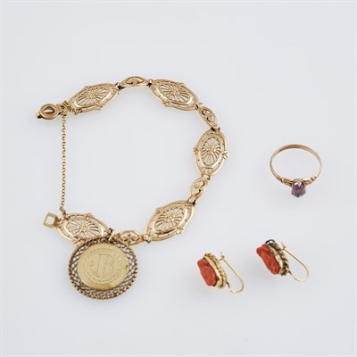 Lot 607 - Two Gold and Stone Earrings, Ring and Charm...
