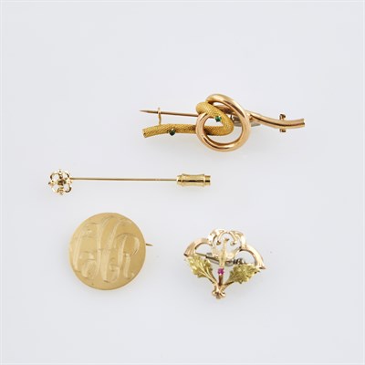 Lot 608 - Four Gold and Stone Pins, 14K 7 dwt. all