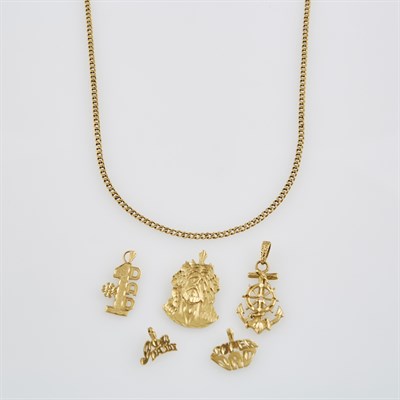 Lot 631 - Five Gold Pendants and Neck Chain, 14K 19 dwt.