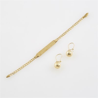 Lot 663 - Gold ID Bracelet and Two Earrings, 14K 3 dwt....