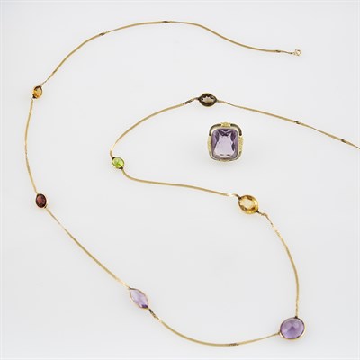 Lot 666 - Gold and Stone Necklace and Ring, 14K 12 dwt....