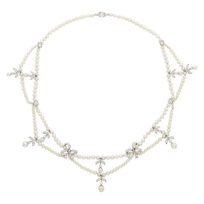 Lot 178 - Tiffany & Co. Platinum, Gold, Natural Pearl and Diamond Swag Necklace