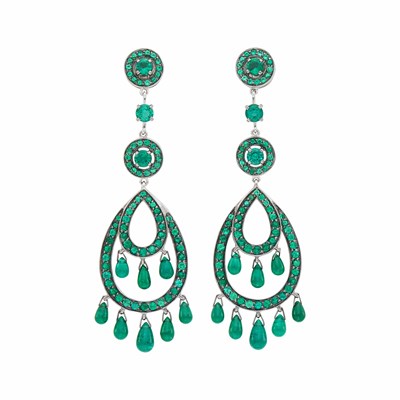 Lot 182 - Boucheron Pair of White and Blackened Gold and Emerald Pendant-Earclips, France