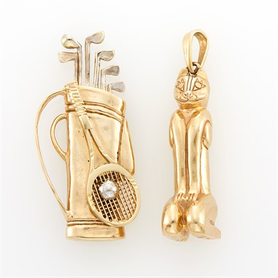 Lot 1086 - Two-Color Gold Golf and Tennis Pendant-Brooch and Gold 'Marco Island' Cat Pendant