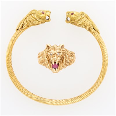 Lot 1102 - Gold, Ruby and Diamond Lion Bangle Bracelet and Ring