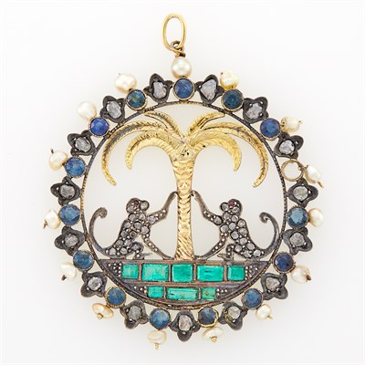 Lot 96 - Gold, Emerald, Sapphire, Freshwater Pearl and Diamond Monkey and Palm Tree Pendant, France